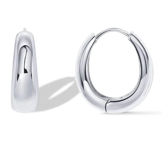 14K White Gold Plated 925 Sterling Silver Post Chunky Hoop Earrings - Picture 6 of 6